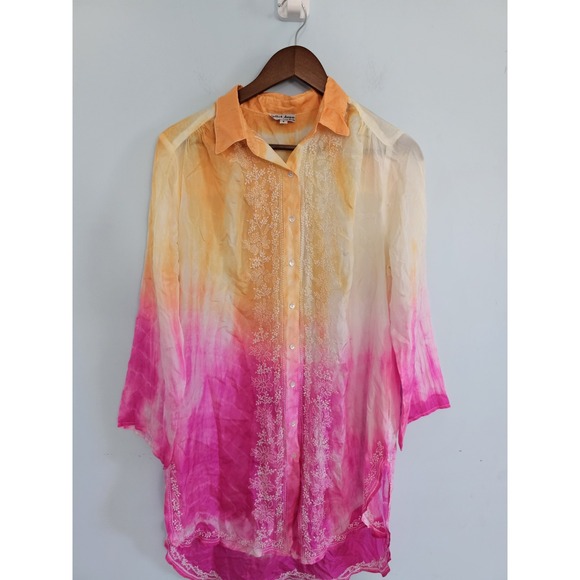 Tops - Juliet Dunn London‎ Long Sleeve Silk Blouse Top Orange Pink Size 2